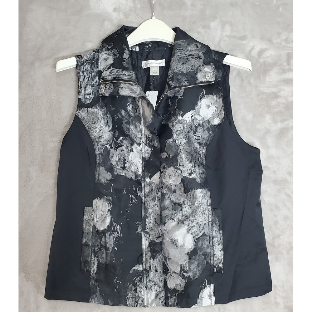 Christopher & Banks Vest Black Gray Floral Womens M Lightweight Full Zip NWT